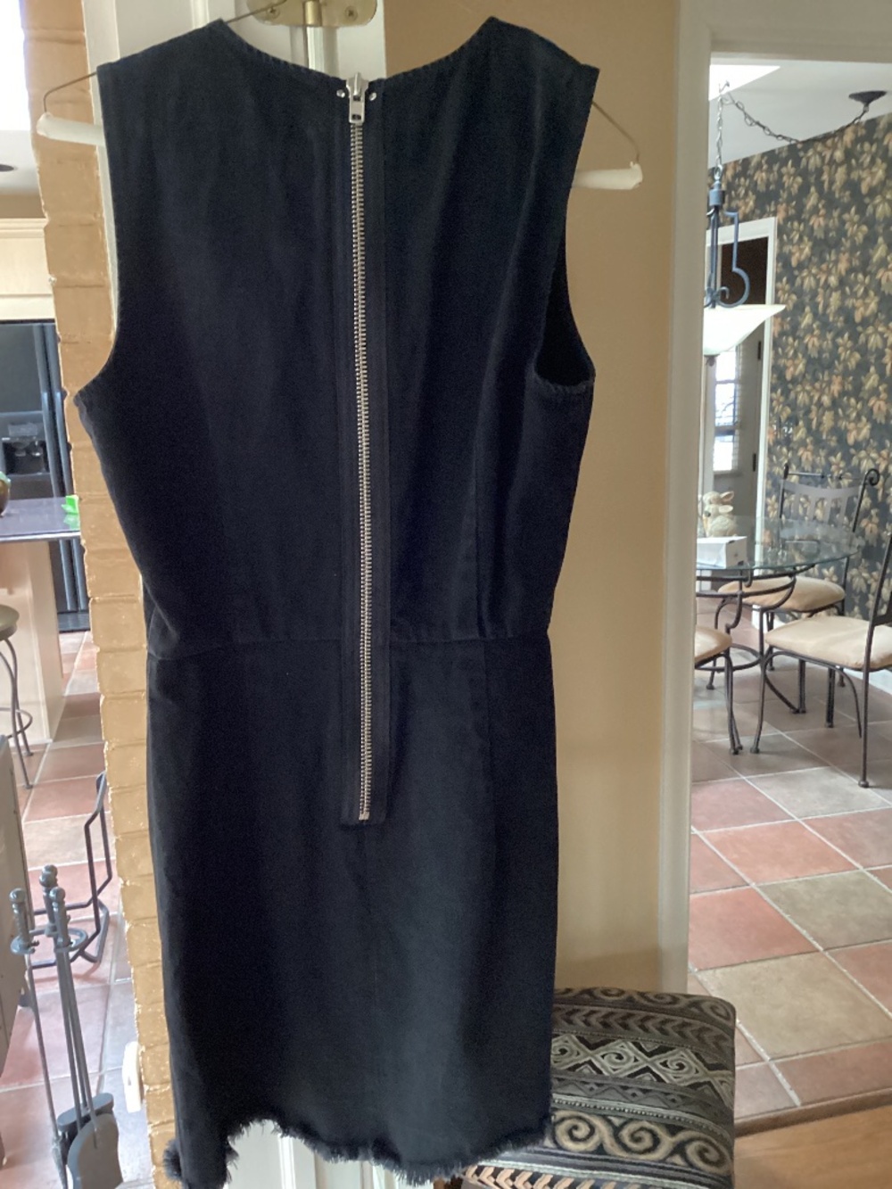 Black denim hem fringe dress.
